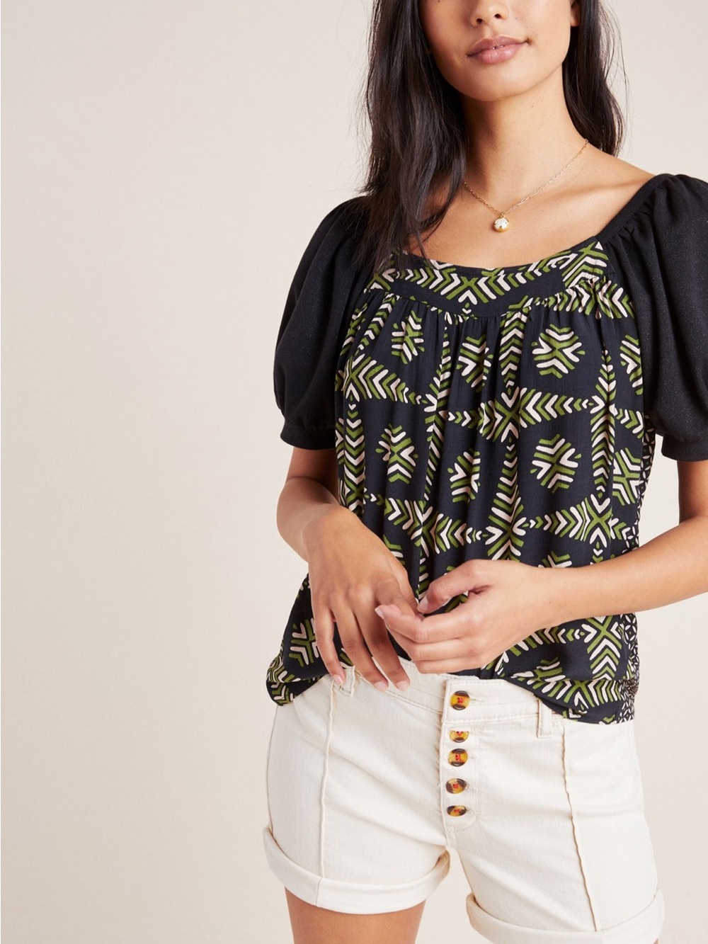Maeve Black Top with Olive and Cream Geometric Print